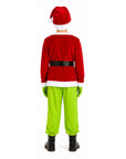 A child shown from the back wearing a Santa Grinch-inspired costume, featuring a red velvet top with white trim, a black belt, lime green pants, a red Santa hat, and black boots, on a solid white background.