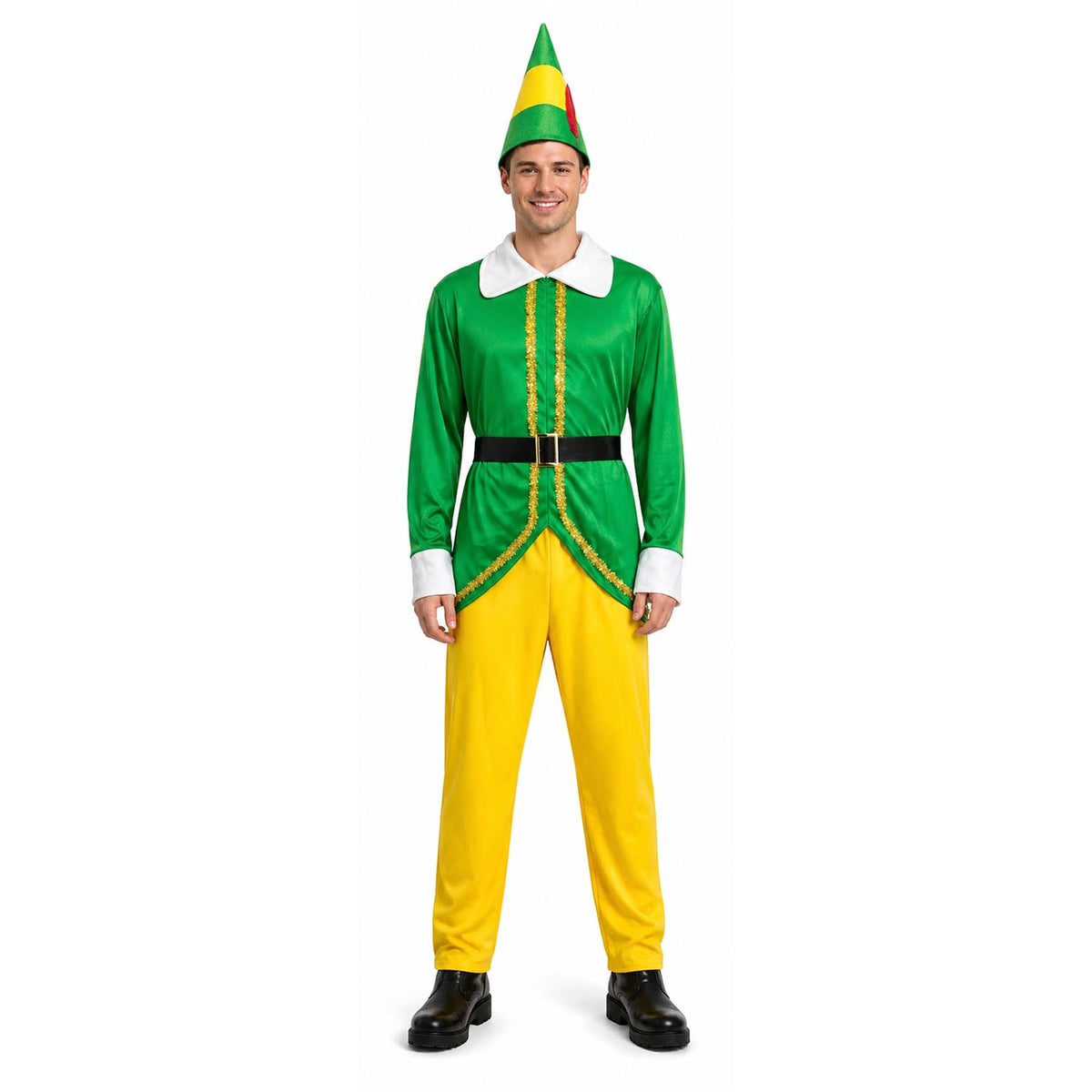 A man modeling a Christmas elf costume consisting of a green long-sleeve top with a white collar, yellow pants, a black belt, and a green, yellow, and red pointed hat, against a plain white background.
