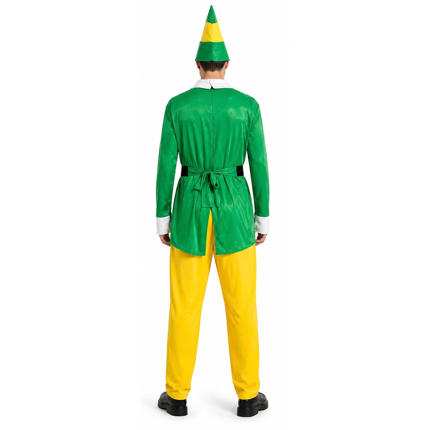 A person shown from the back wearing a green and yellow elf costume with a pointed green and yellow hat, white cuffs, and black shoes on a plain white background.