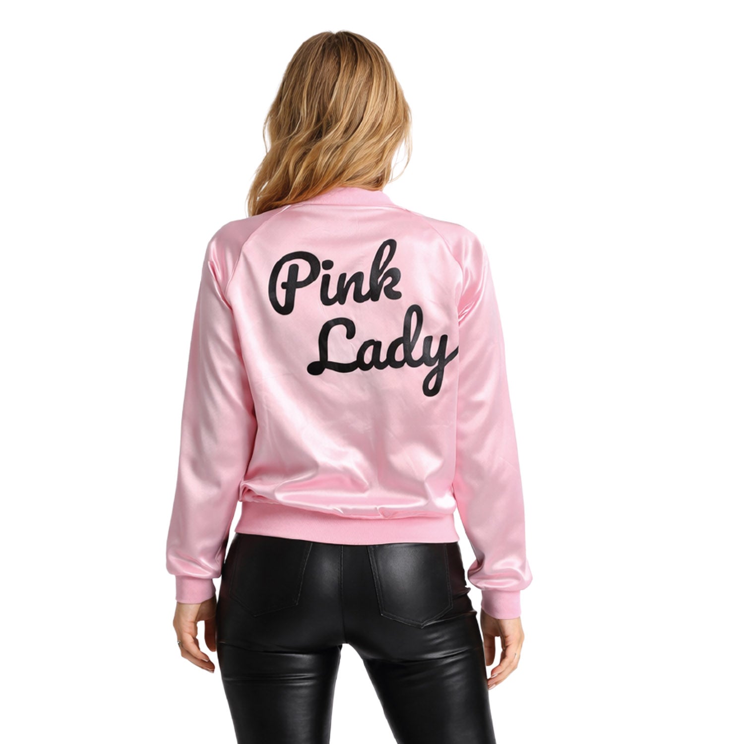 Person wearing a pink jacket with 'Pink Lady' text on the back, standing against a white background