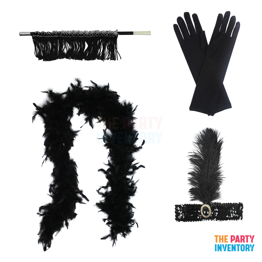 1920s Flapper Costume Kit (4 Piece Set) Black