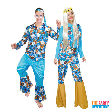 Adult Blue Hippie Man & Lady Couple Costume Set