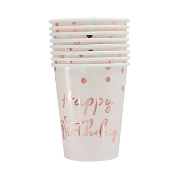 Rose Gold Happy Birthday Paper Cups 6pk