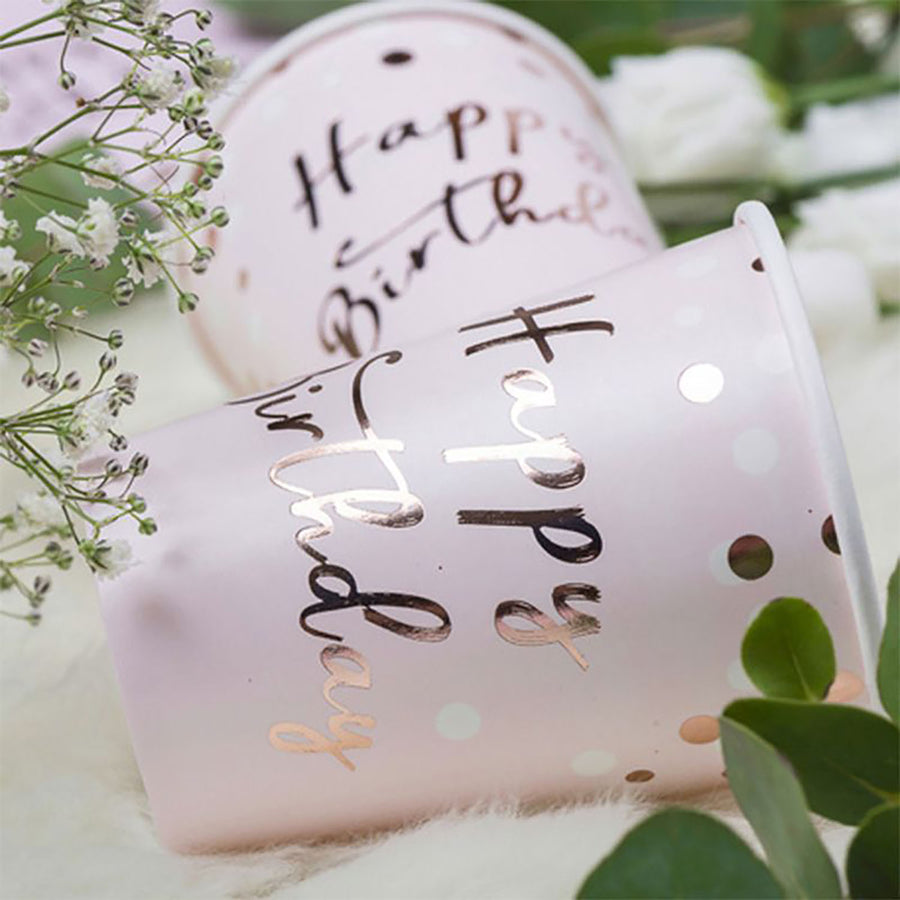 Rose Gold Happy Birthday Paper Cups 6pk