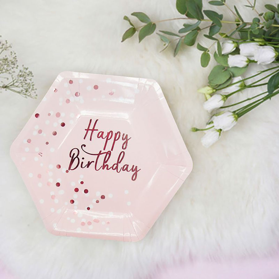 Rose Gold Happy Birthday Hexagon Paper Plates 6pk