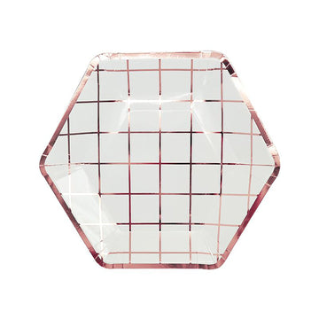 Hexagon Paper Plates with Rose Gold Grid (6pk)