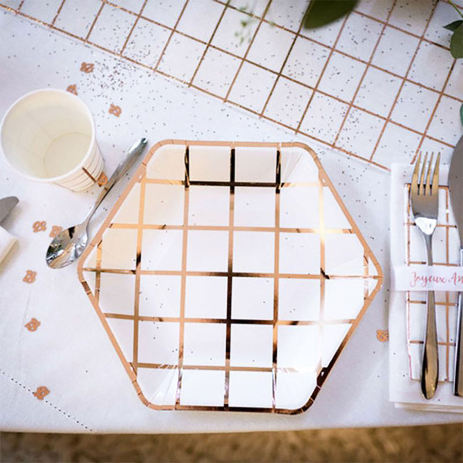 Hexagon Paper Plates with Rose Gold Grid (6pk)