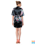 Ladies Black Peacock Satin Robe & Nightie Set