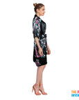 Ladies Black Peacock Satin Robe & Nightie Set