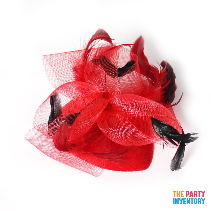 Red Fascinator Hair Clip with Feathers