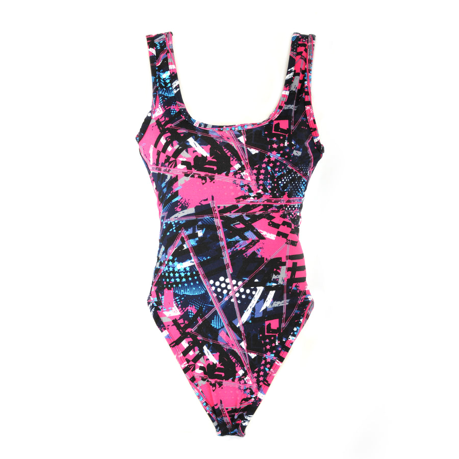 Neon Pink Grid 80s Pattern Leotard