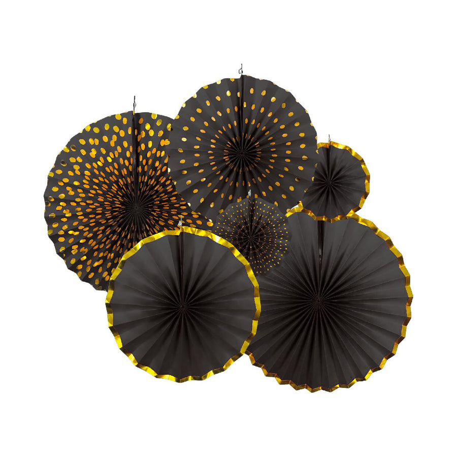 Black Decoration Fan with Gold Metallic Rim (6pcs)