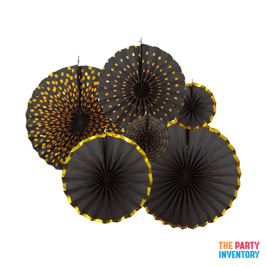 Black Decoration Fan with Gold Metallic Rim (6pcs)