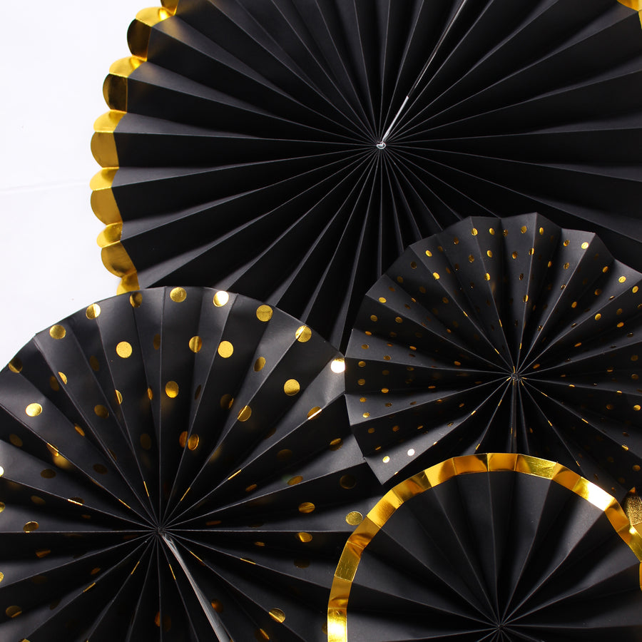 Black Decoration Fan with Gold Metallic Rim (6pcs)