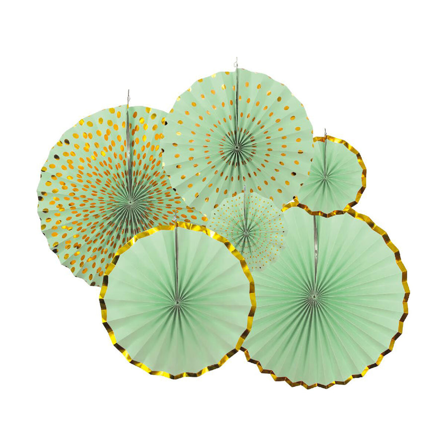 Green Decoration Fan with Gold Metallic Rim (6pcs)