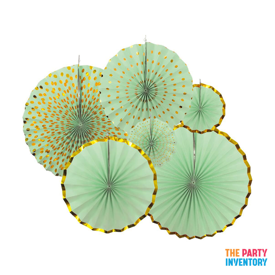 Green Decoration Fan with Gold Metallic Rim (6pcs)