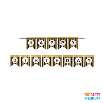 Black Happy Birthday Bunting with Gold Glitter Stripes