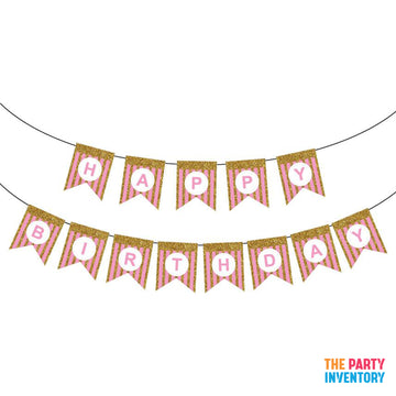Pink Happy Birthday Bunting with Gold Glitter Stripes