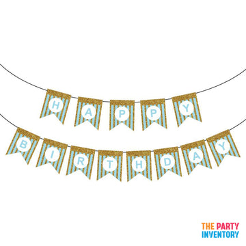 Blue Happy Birthday Bunting with Gold Glitter Stripes