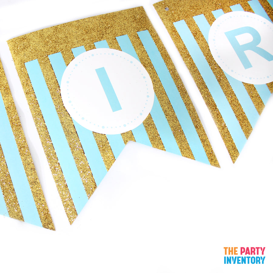 Blue Happy Birthday Bunting with Gold Glitter Stripes