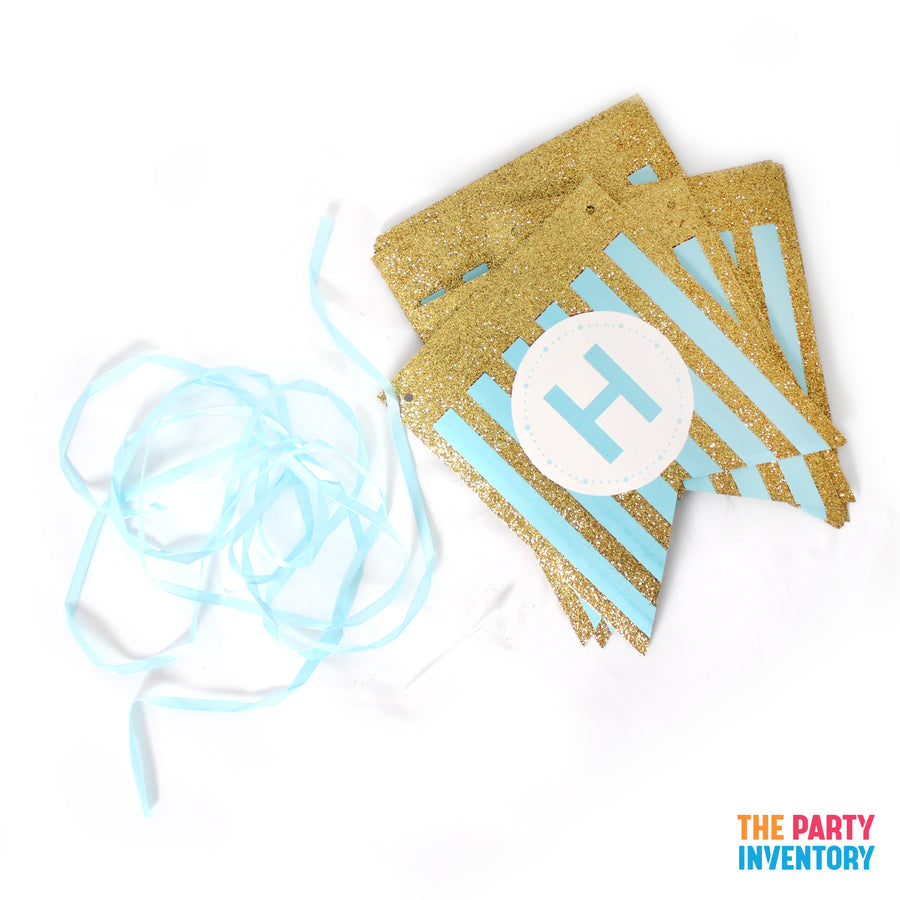 Blue Happy Birthday Bunting with Gold Glitter Stripes