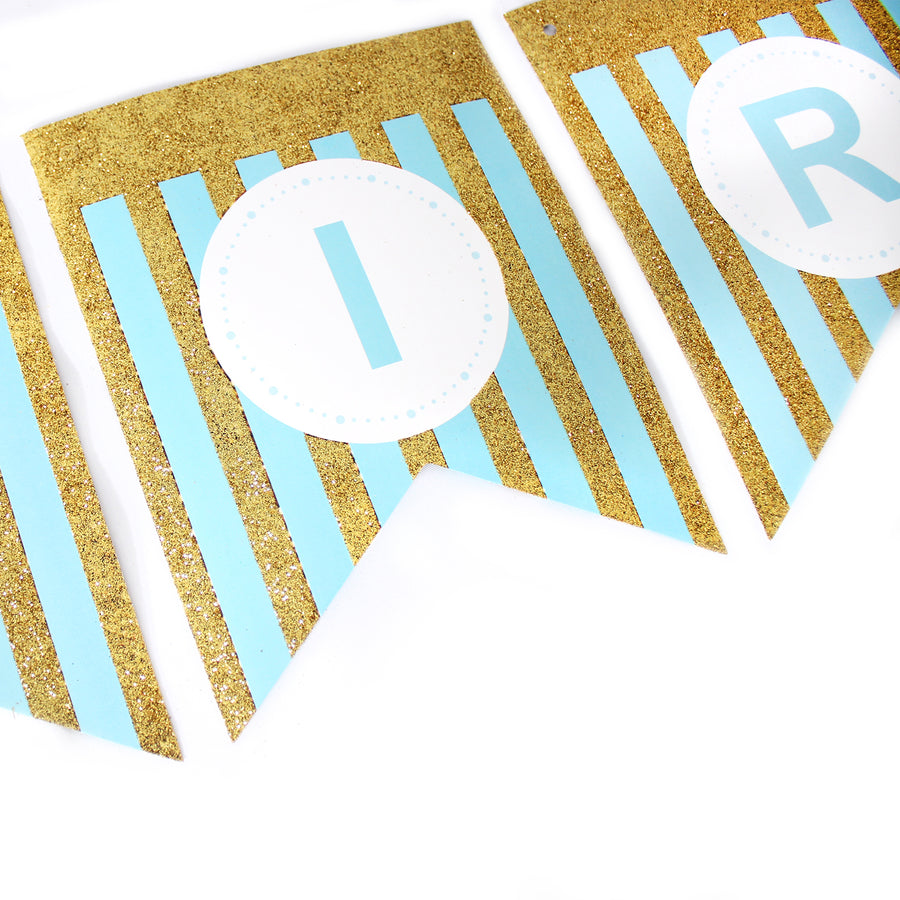Blue Happy Birthday Bunting with Gold Glitter Stripes