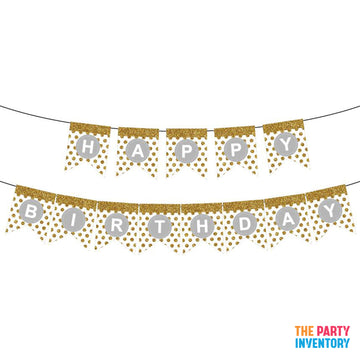 White Happy Birthday Bunting with Gold Glitter Dots