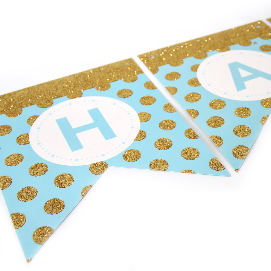 Blue Happy Birthday Bunting with Gold Glitter Dots