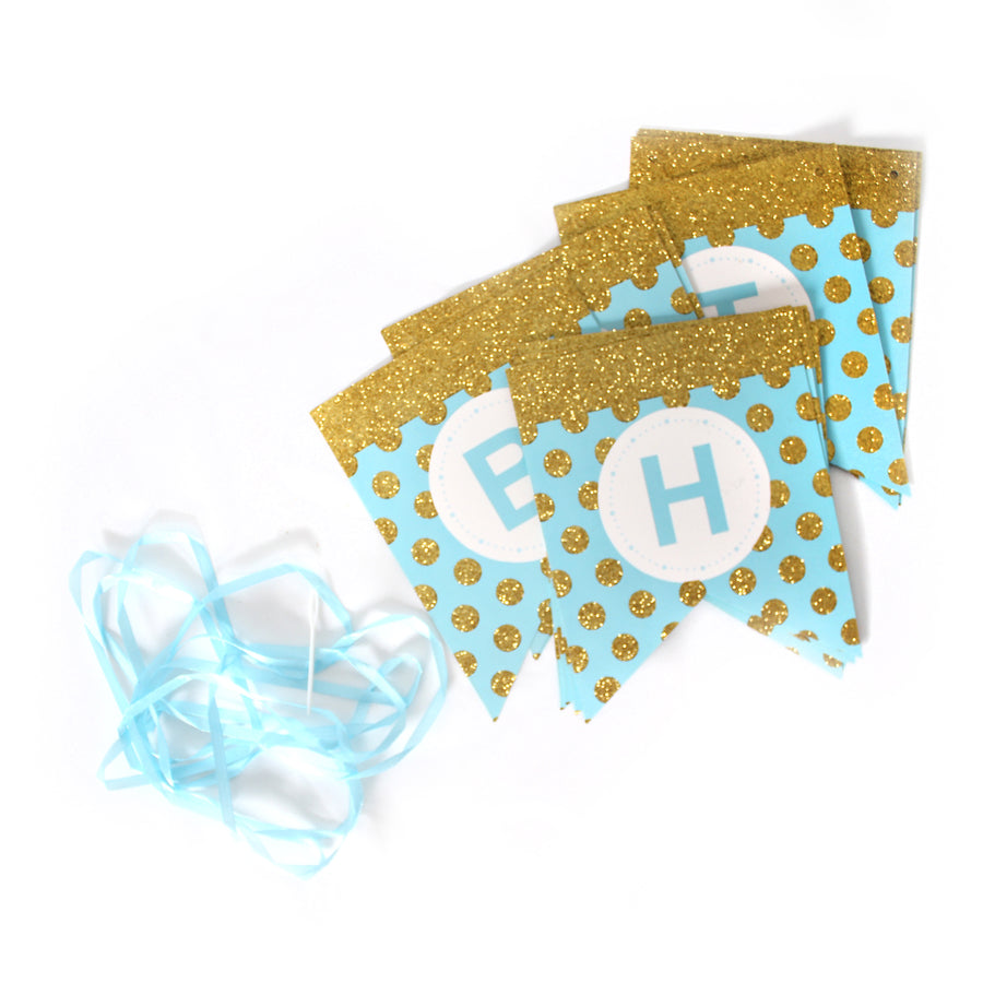 Blue Happy Birthday Bunting with Gold Glitter Dots