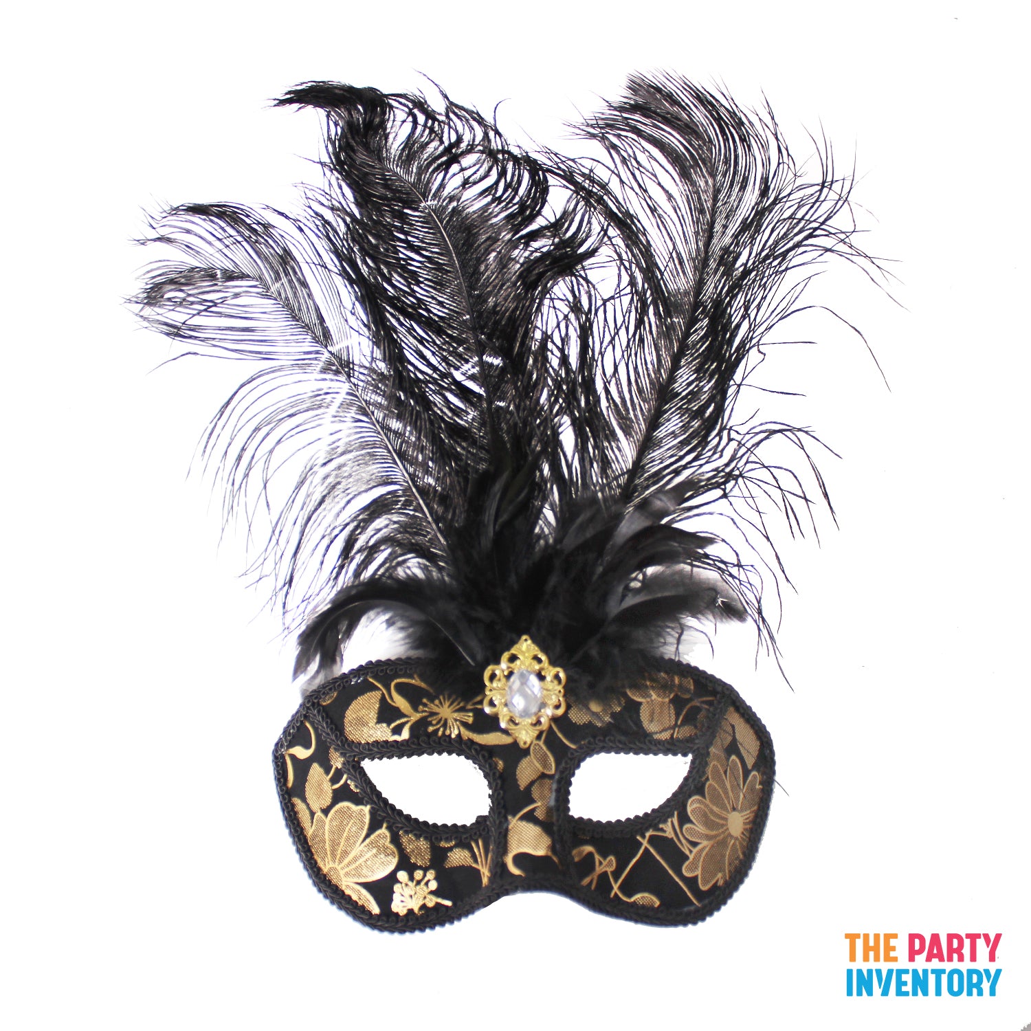 Deluxe Black &amp; Gold Mask with Feathers