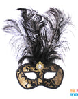Deluxe Black & Gold Mask with Feathers