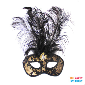 Deluxe Black & Gold Mask with Feathers
