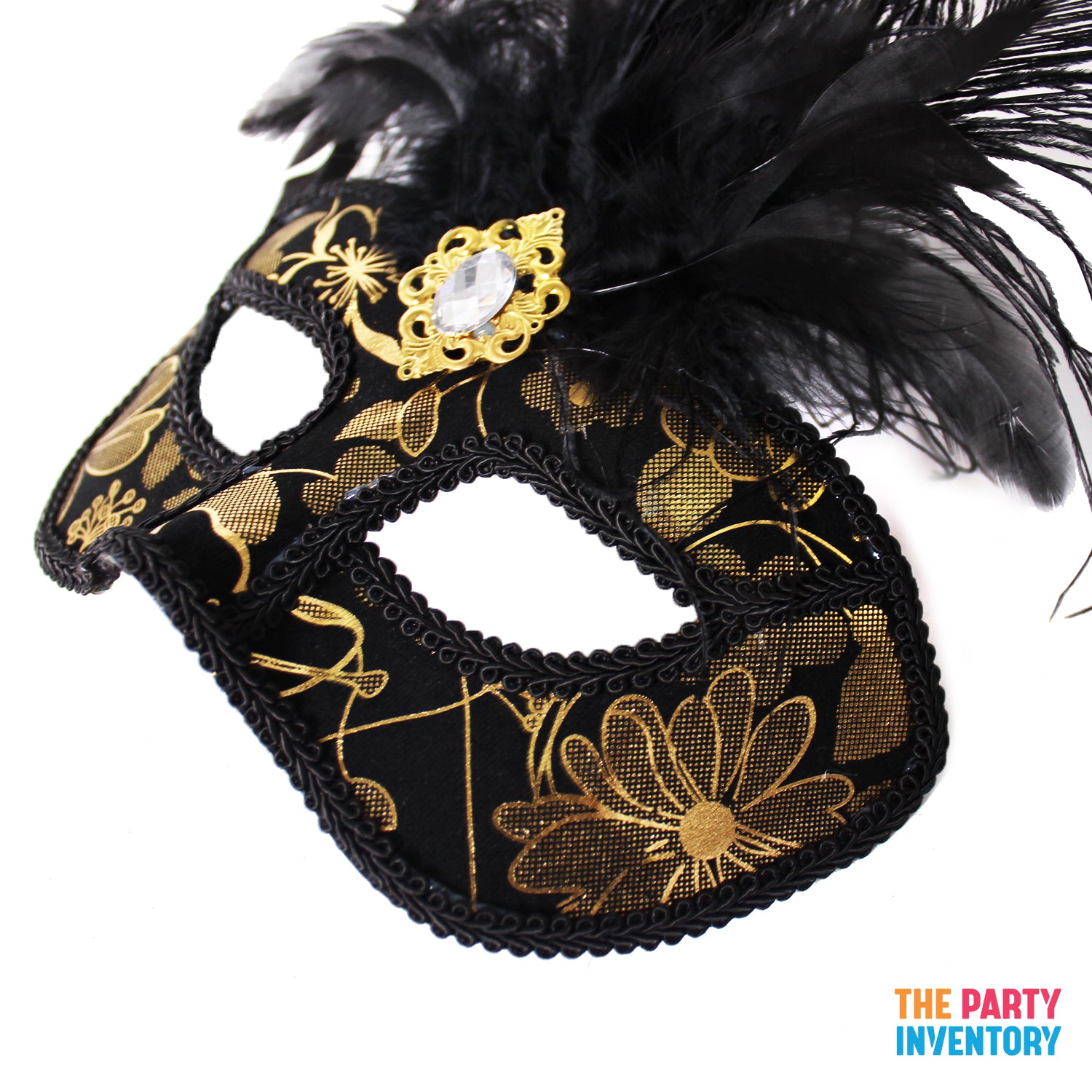 Deluxe Black &amp; Gold Mask with Feathers