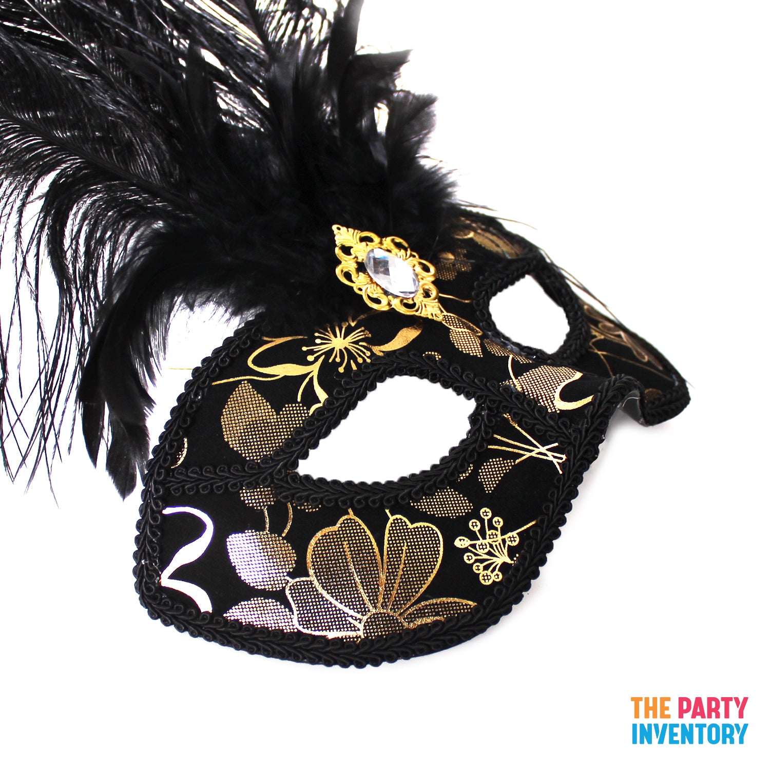 Deluxe Black &amp; Gold Mask with Feathers