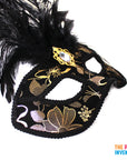 Deluxe Black & Gold Mask with Feathers