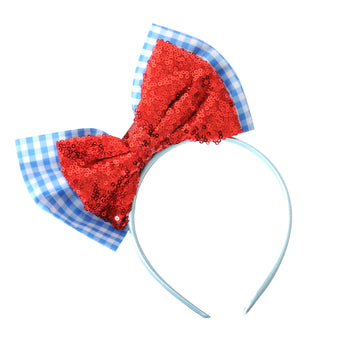 Blue Gingham & Red Sequin Bow Headband