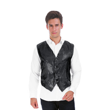 Mens Black Sequin Vest Adjustable