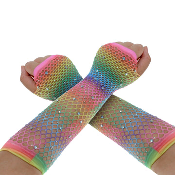 Rainbow Fishnet Glove with Diamontes (Horizontal)