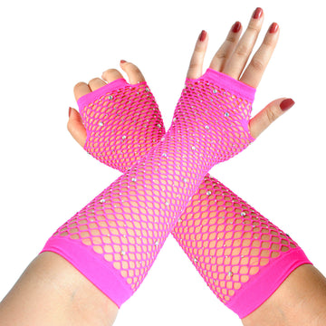 Hot Pink Fishnet Glove with Diamantes (LONG)