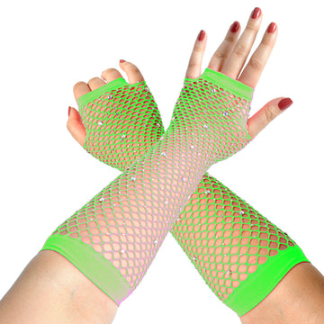 Fluro Green Fishnet Glove with Diamantes (LONG)