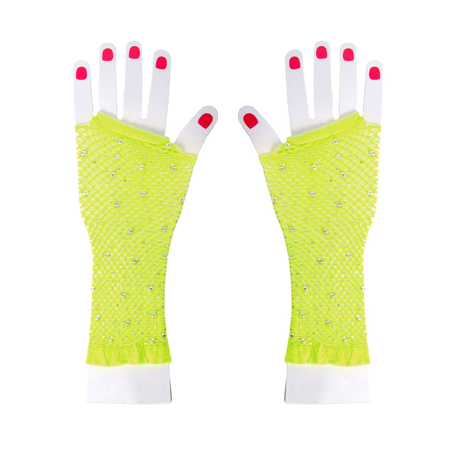Fluro Yellow Fishnet Glove with Diamantes (LONG)