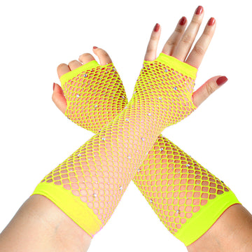 Fluro Yellow Fishnet Glove with Diamantes (LONG)