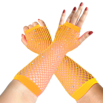 Fluro Orange Fishnet Glove with Diamantes (LONG)