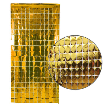 Gold Metallic Grid Block Foil Curtains