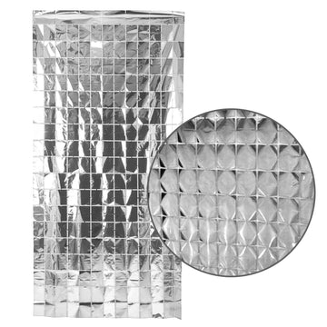 Silver Metallic Grid Block Foil Curtains