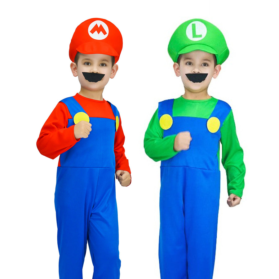 Children's Green Luigi & Red Mario Plumber Boy Costume Set