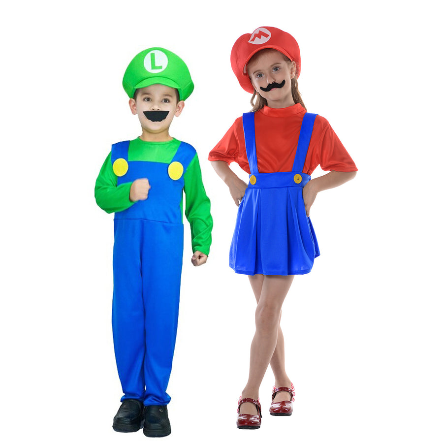 Children's Green Luigi Boy & Red Mario Girl Costume Set