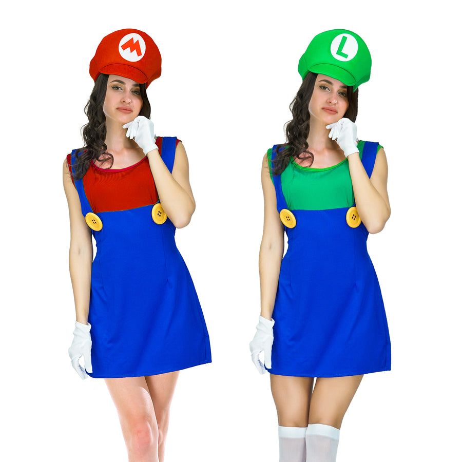 Adult Green Luigi & Red Mario Lady Costume Set
