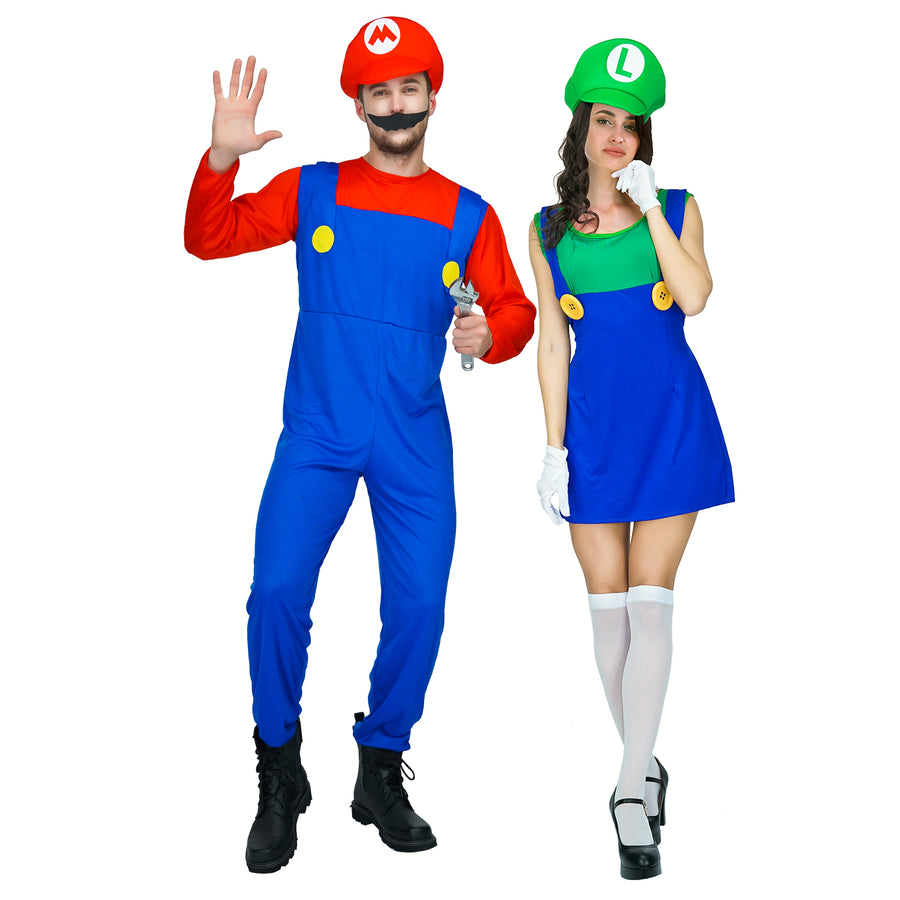 Adult Green Luigi & Red Mario Couple Costume Set