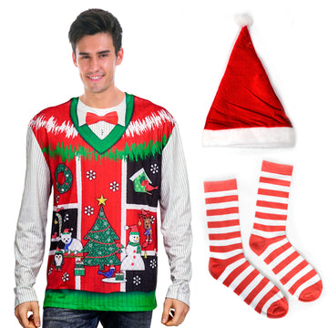 Mens Christmas Ugly Sweater Costume Kit (Red)